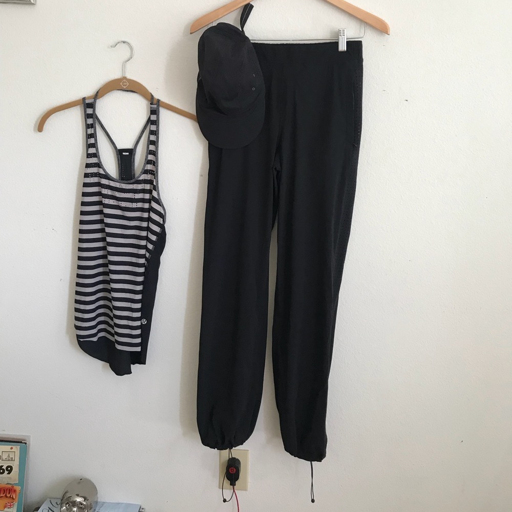 Lulu lemon joggers, tank top, hat all together